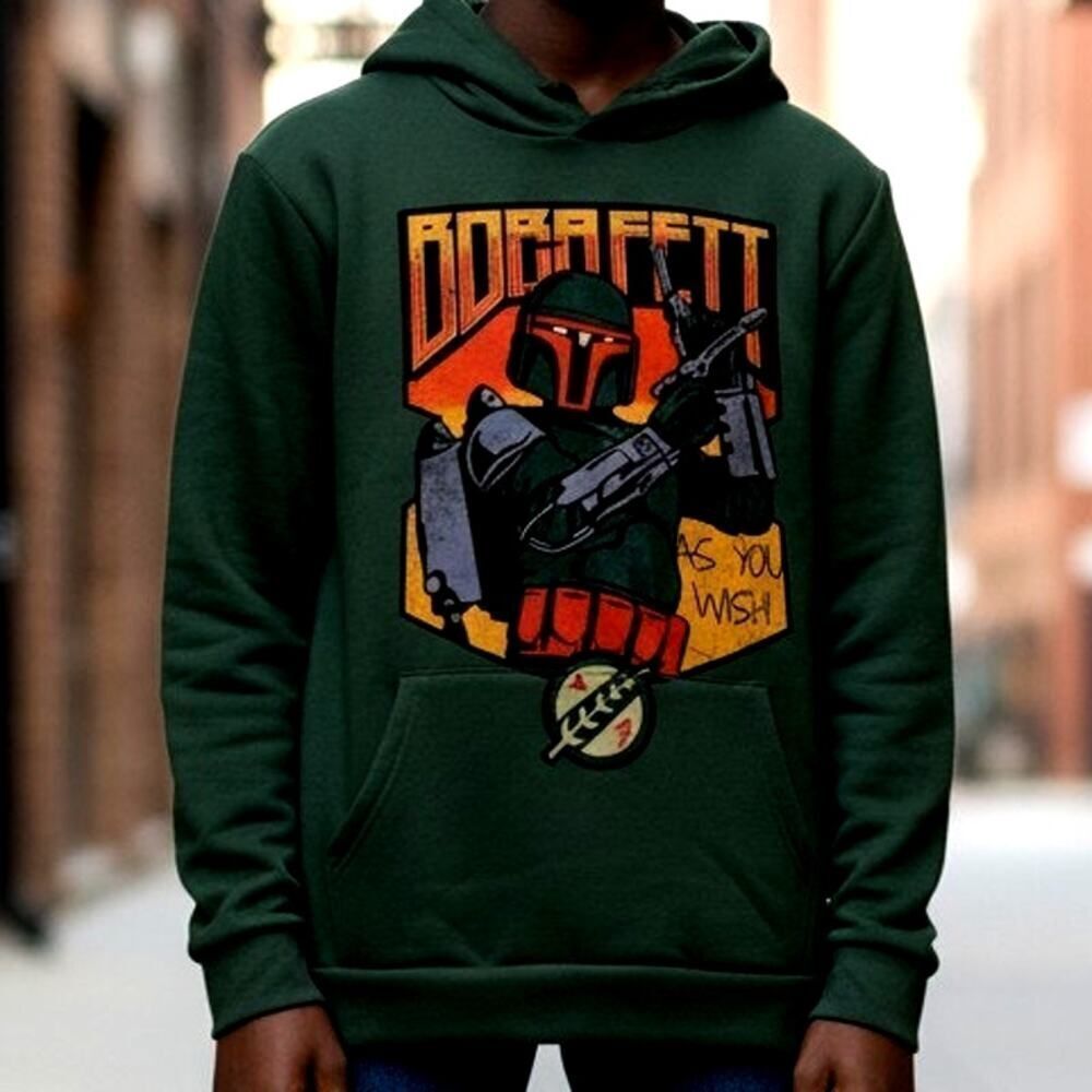 Awesome STAR WARS BOBA FETT Boys Green Pullover Hoodie w/Pockets - Size" 10/12